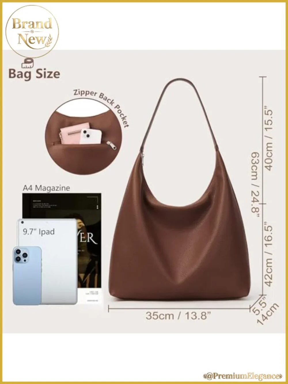 Slouchy Tote Bag Vegan Leather Crescent Hobo Zipper Shoulder Bag